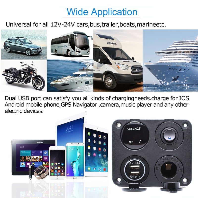 Cllena Dual USB Socket Charger 2.1A&2.1A + LED Voltmeter + 12V Power Outlet + ON-Off Toggle Switch Four Functions Panel for Car Boat Marine RV Truck Camper Vehicles GPS Mobiles (Blue) - Image 5